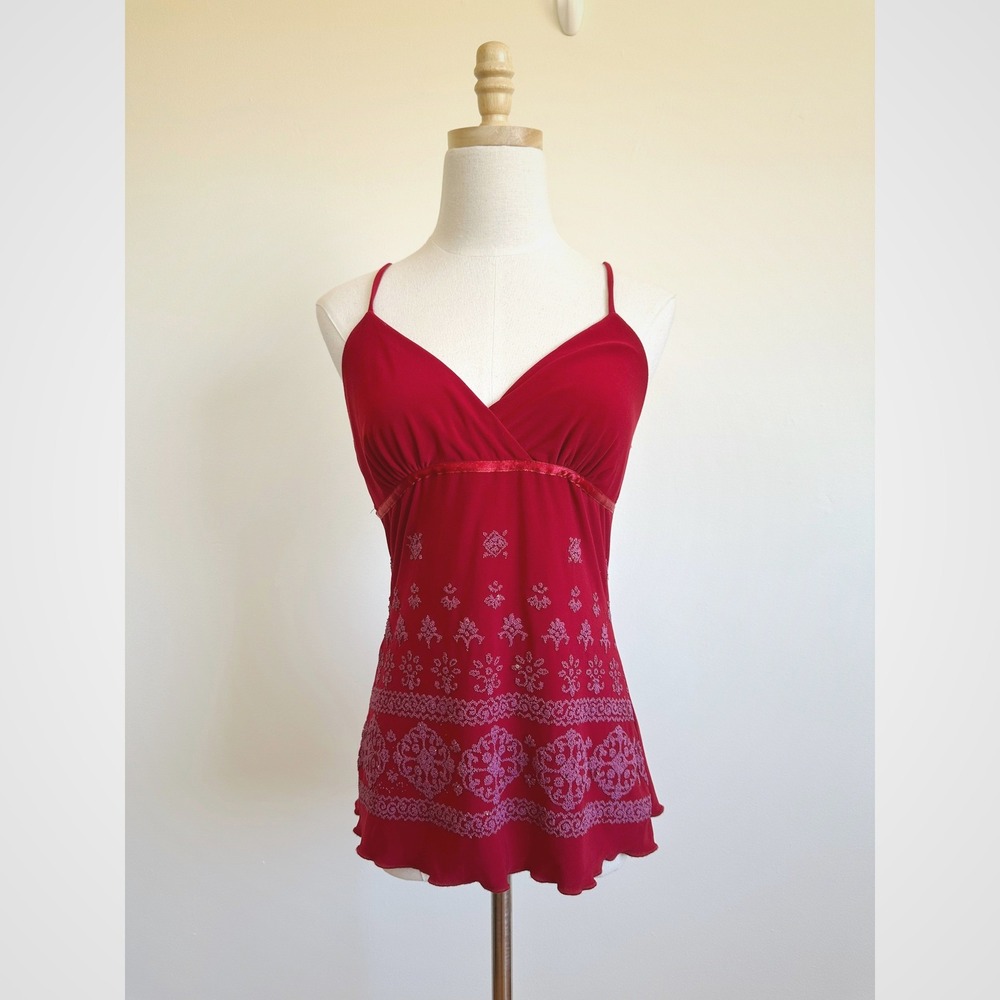 VTG Y2K Perseption Red Beaded Sequin Empire‎ Waist Cami Top Small Fairy Festival